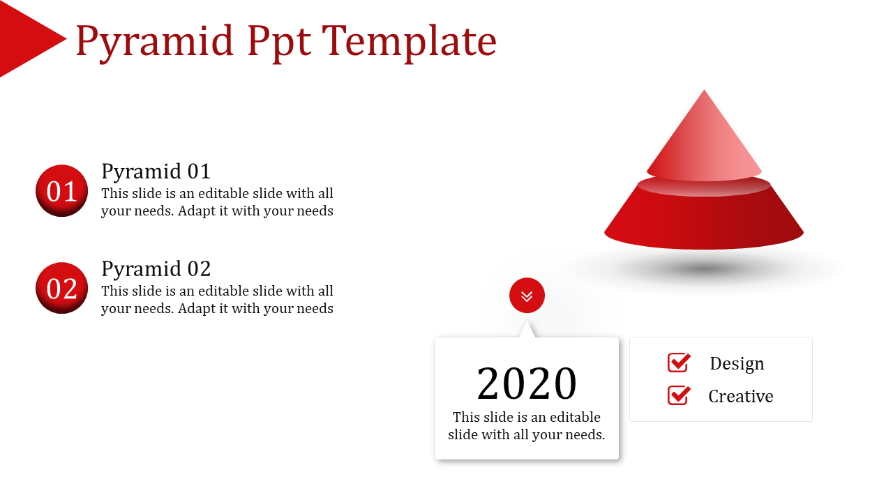 Red segmented pyramid graphic with accompanying numbered captions and text boxes for content.