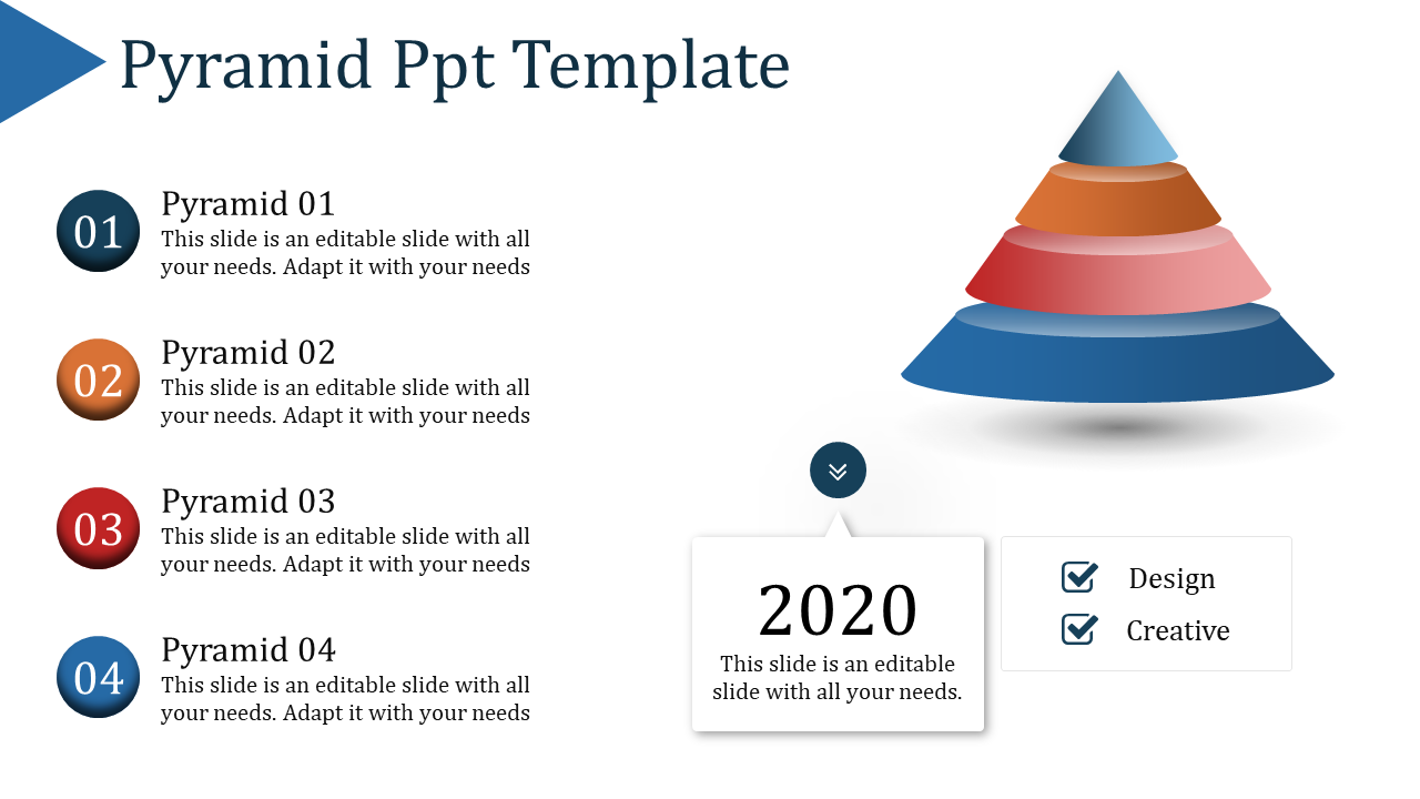 Colorful pyramid in blue, orange, red, and pink layers, linked to numbered labels and a 2020 design description box.