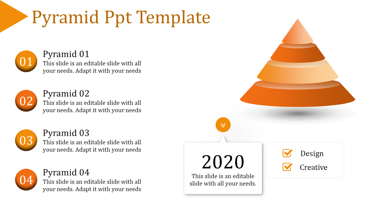 Orange themed pyramid PowerPoint template with four layers, numbered sections, and a 2020 design focus.