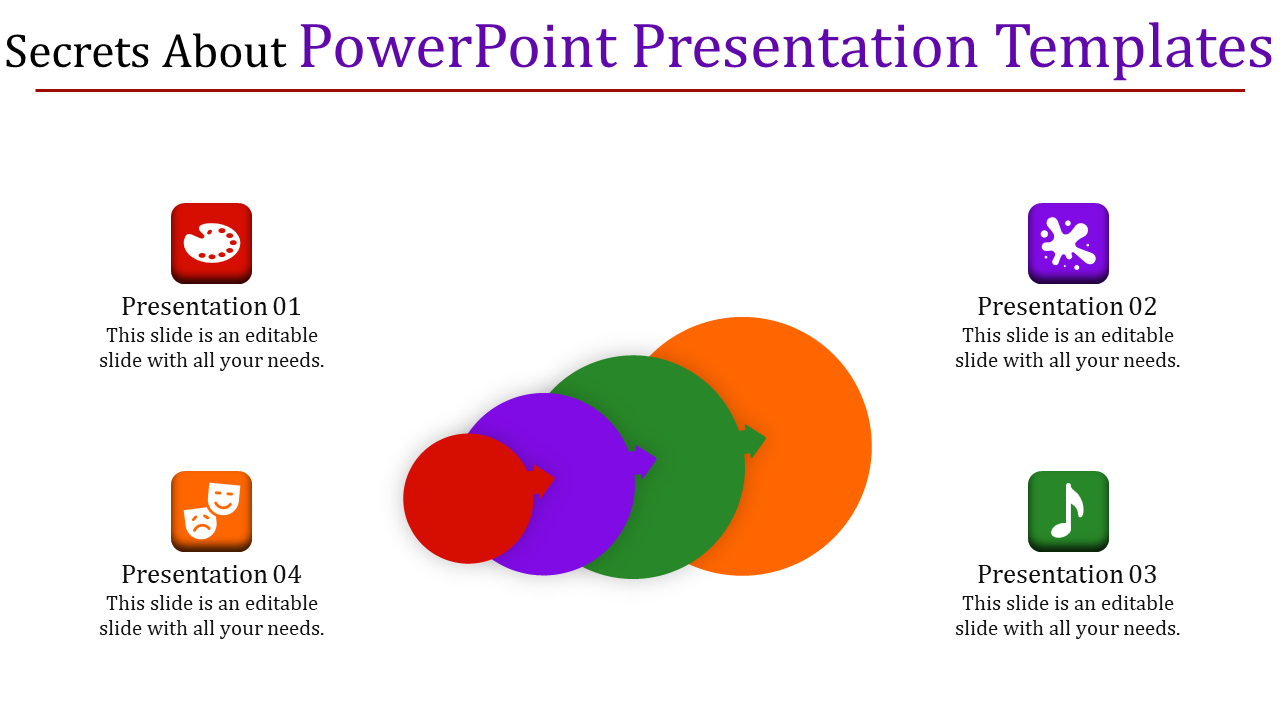 Slide with overlapping colored circles in red, purple, green, and orange, surrounded by icons representing presentations.