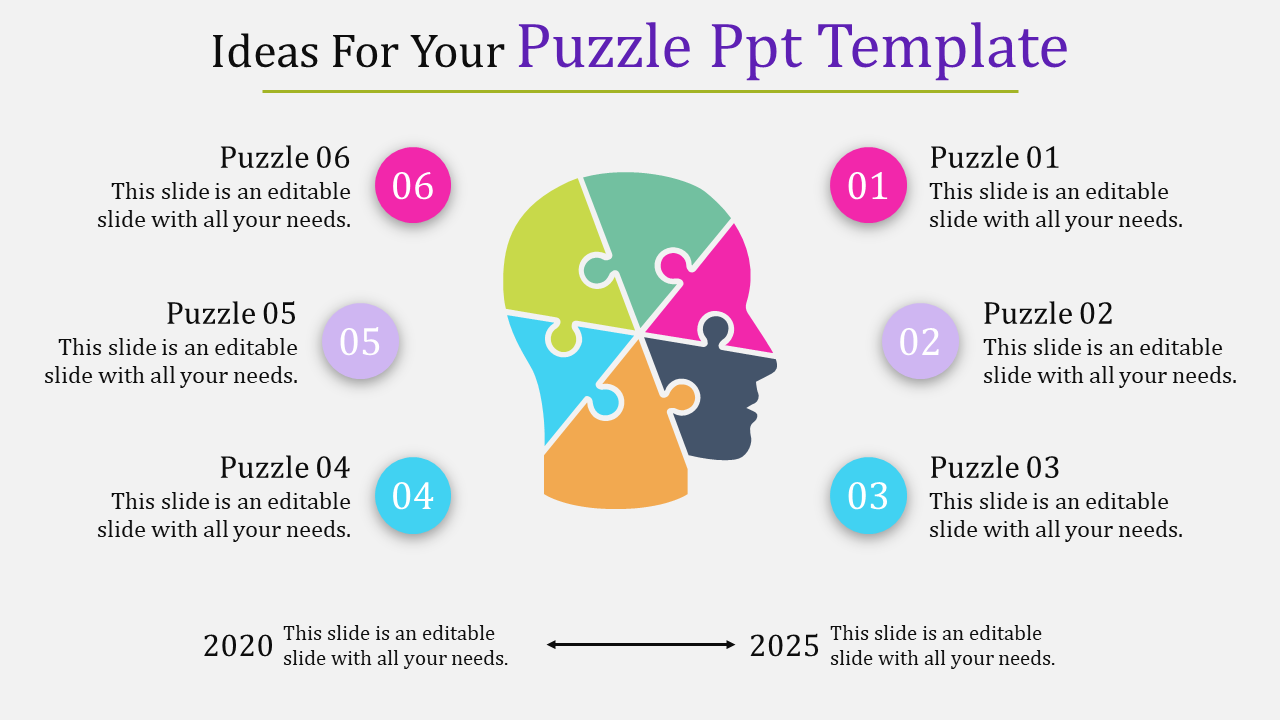 Multicolored puzzle pieces forming a head shape in the middle, surrounded by six numbered circles and text areas.