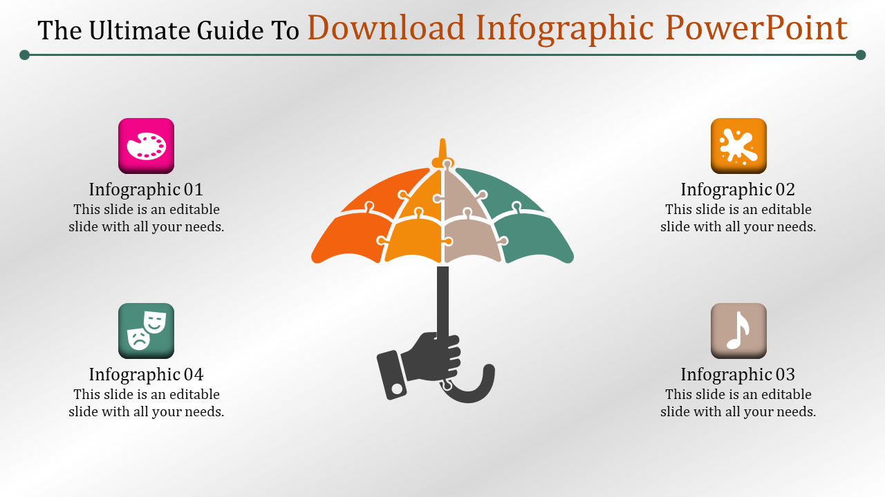 Infographic slide with a colorful umbrella composed of puzzle pieces in the center, surrounded by four icons with captions.