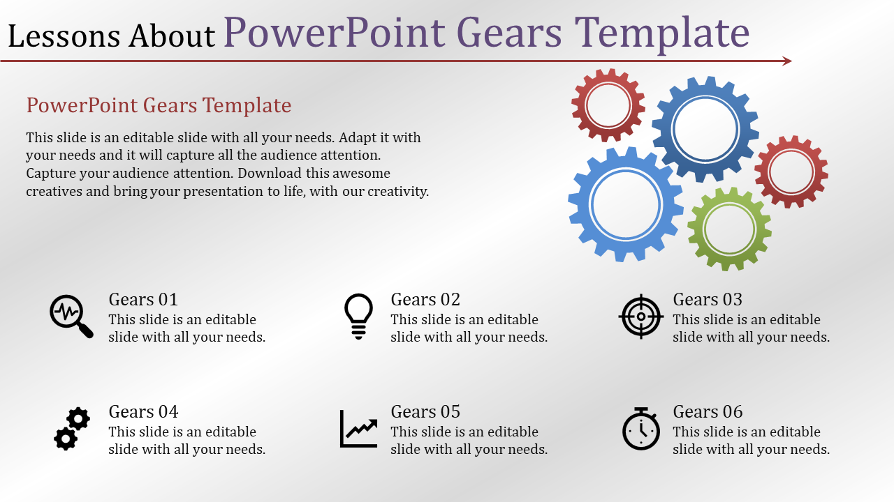 PowerPoint slide featuring colorful gears and corresponding captions for each stage with placeholder text.