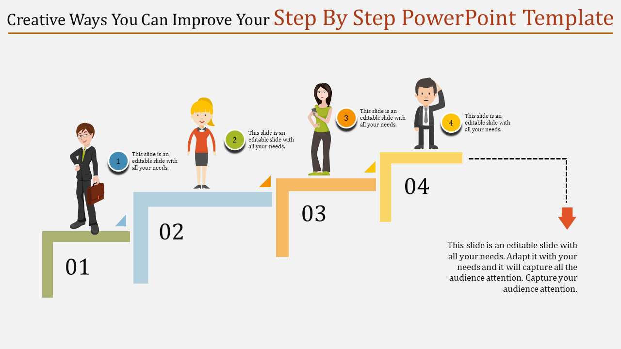 Step by step slide with four ascending stairs, each featuring a character and numbered labels from 1 to 4 with text captions.