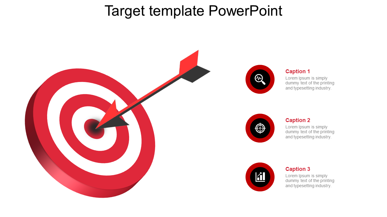 Slide featuring a red dart hitting the bullseye of a target with three caption areas and circular icons on the right.