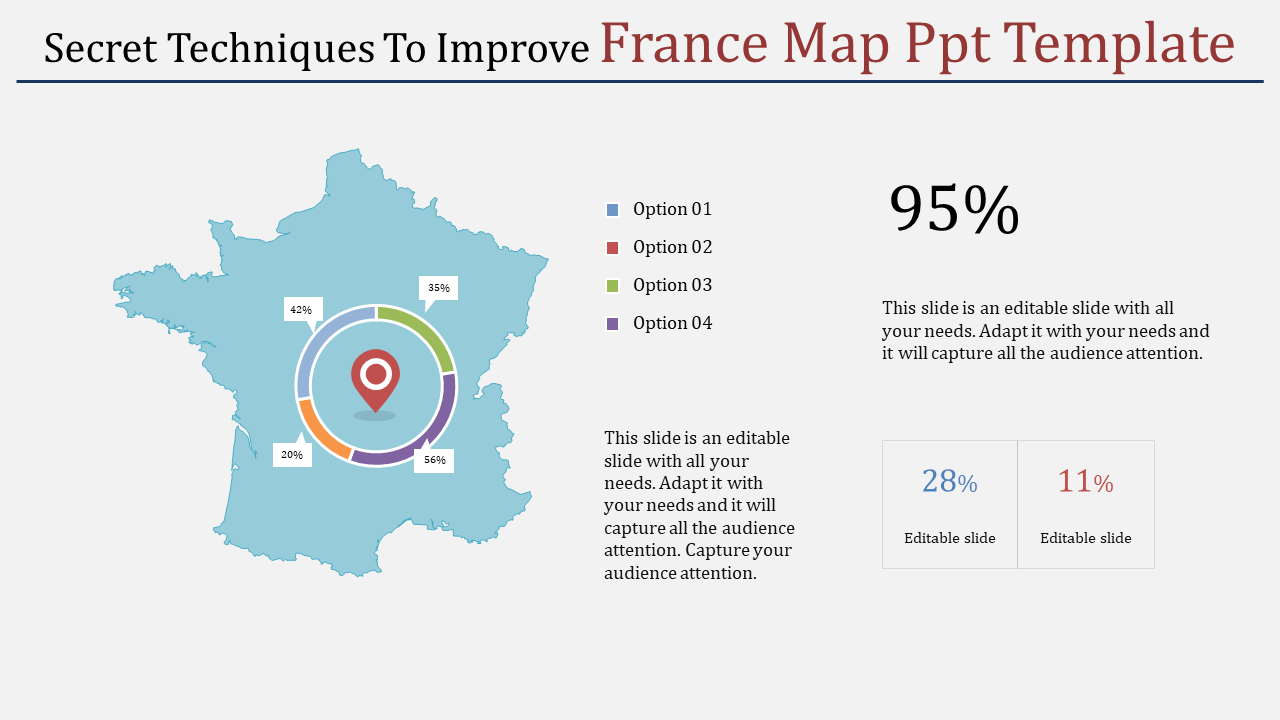 France map template with a circular infographic showing percentage options labeled as Option 01 to 04.