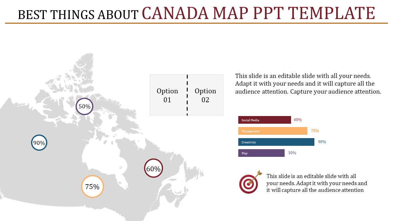 Canada map slide with percentage markers across regions, option selection, and a bar chart for data representation.