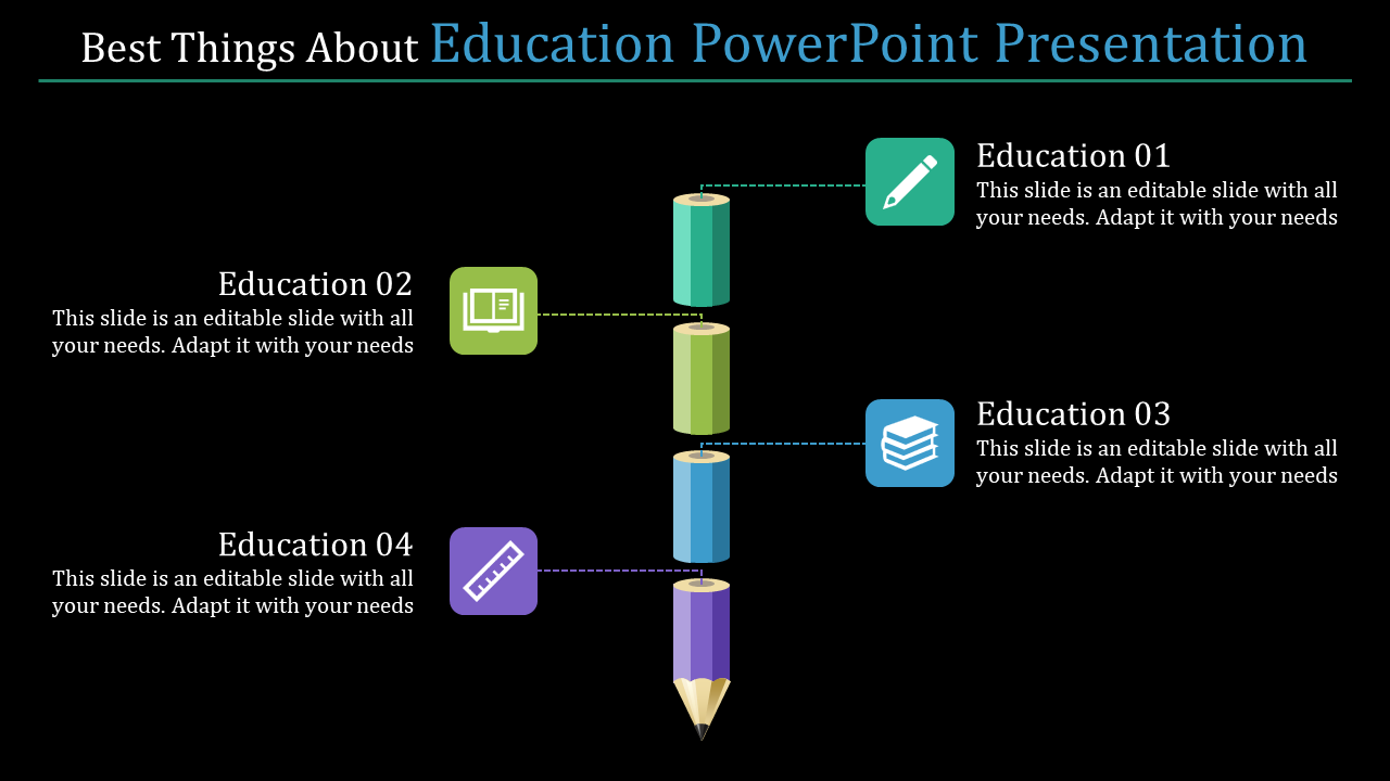 Education-themed infographic with a pencil structure built from book-like elements and four placeholder text sections.