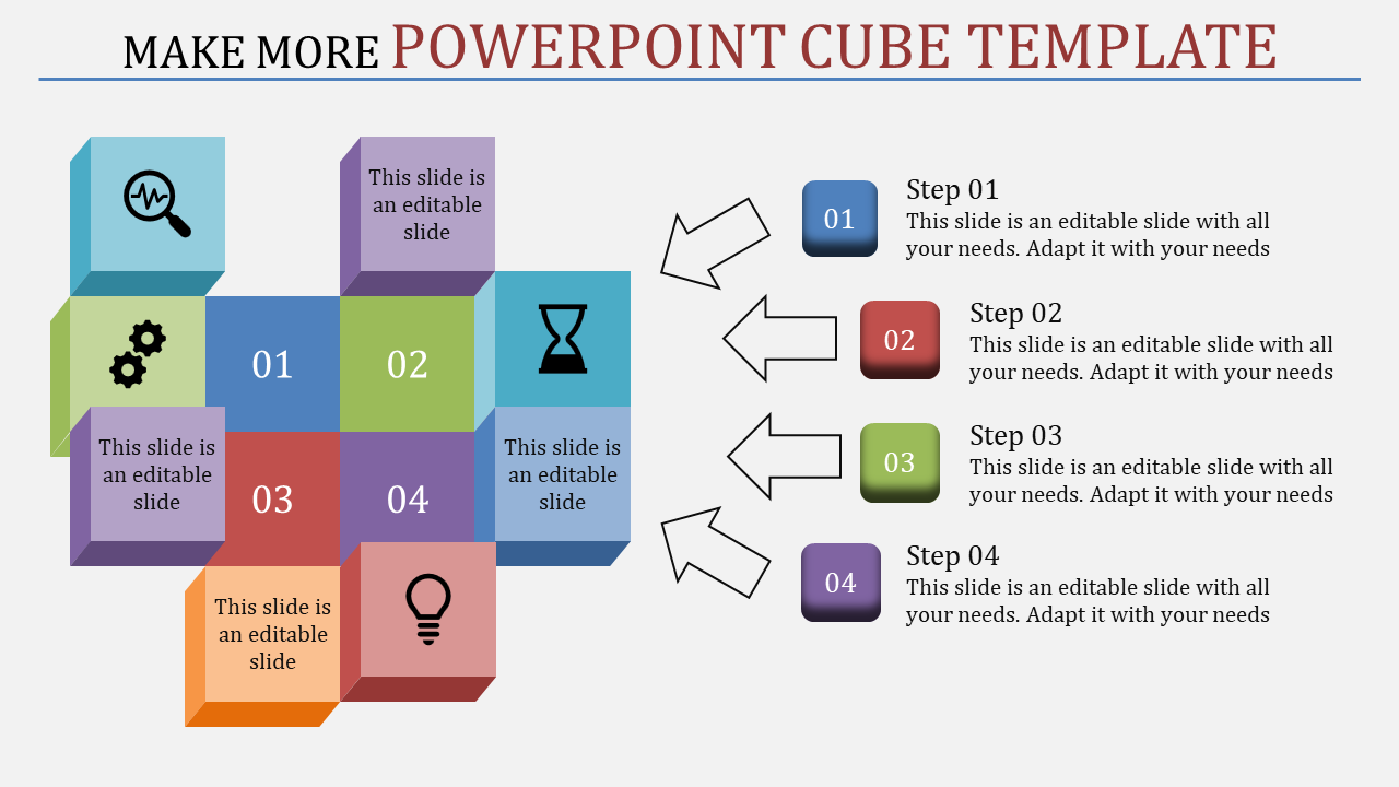 Colorful 3D cube layout with icons and numbers, connected to a four step process displayed on the right.