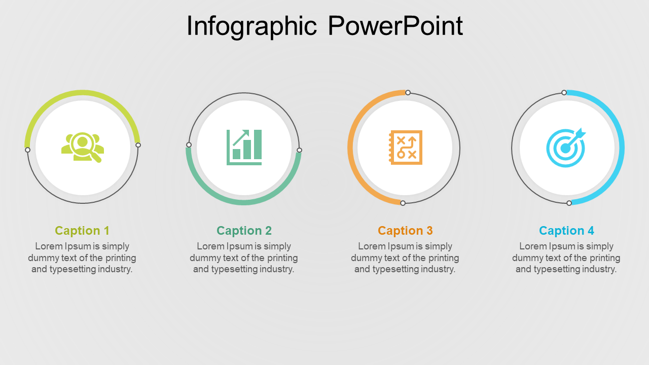 Infographic PowerPoint slide with four circular icons representing different concepts, each accompanied by a caption.