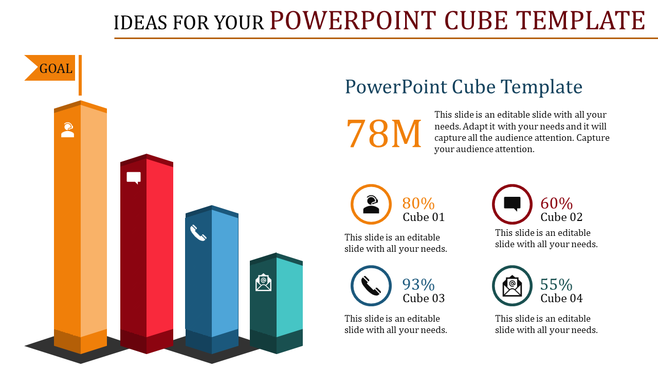 Cube PPT template with four cubes representing different stages and percentages with icons.