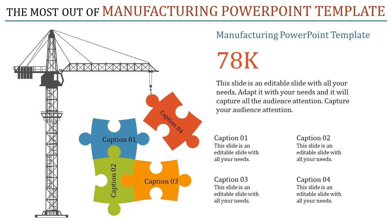 Manufacturing PPT template displaying a crane and four puzzle pieces in different colors, with captions for each piece.