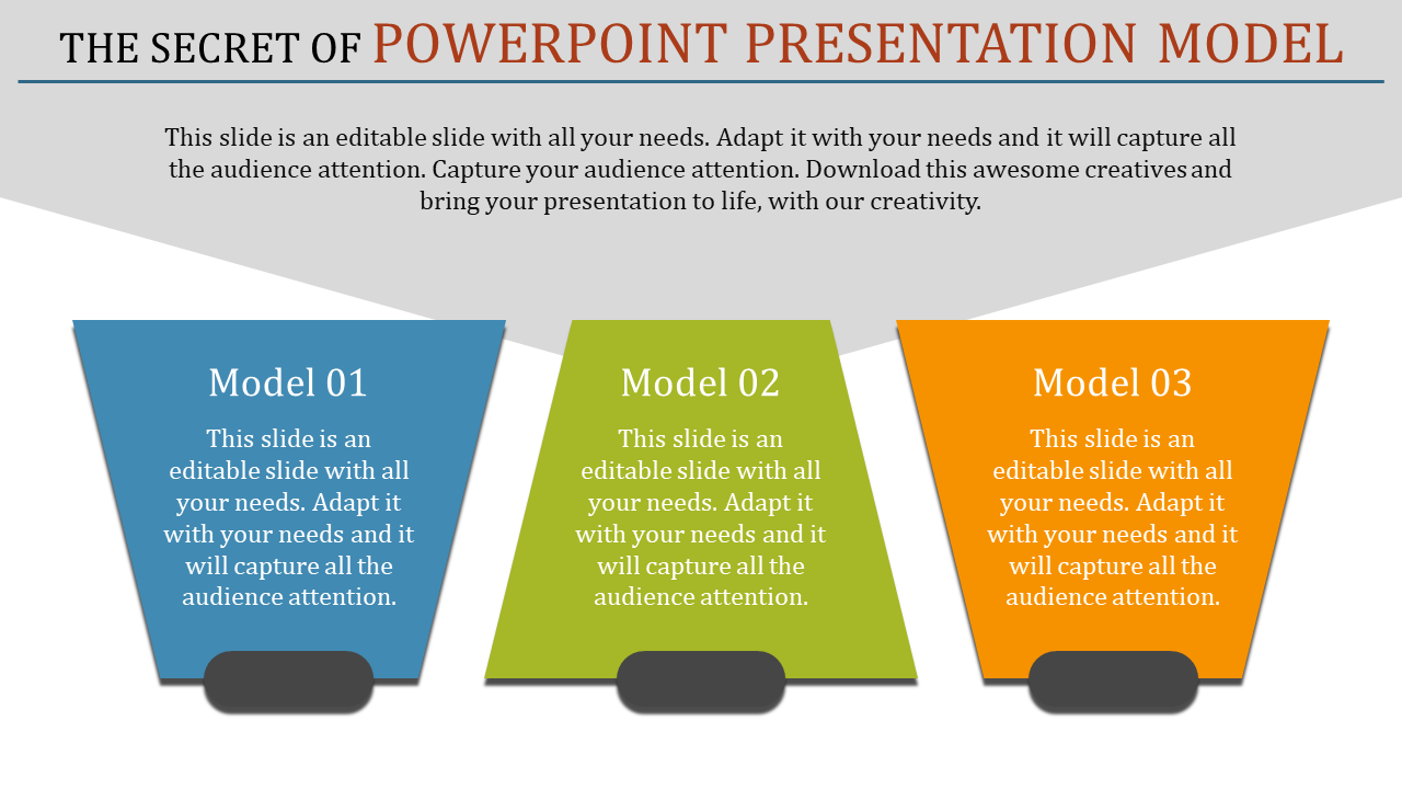 Model PowerPoint slide showing three colorful model designs blue, green, and orange, each with placeholder text.