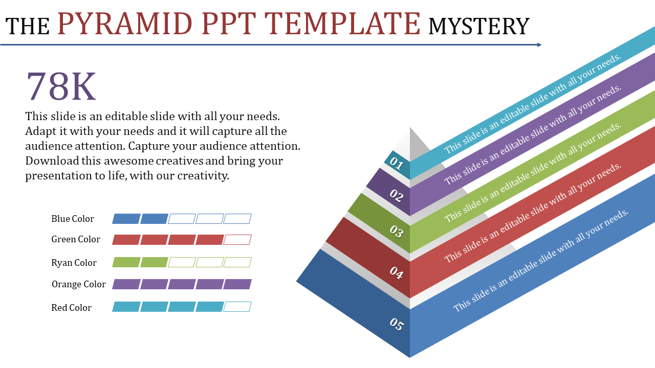 PPT slide showcasing a colorful pyramid template with five levels, each labeled with a number and accompanied by color names.