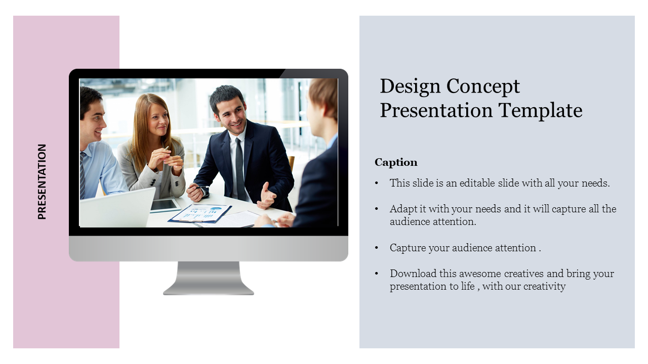 Slide layout featuring a monitor displaying business professionals, a pink left bar, and a blue text section.