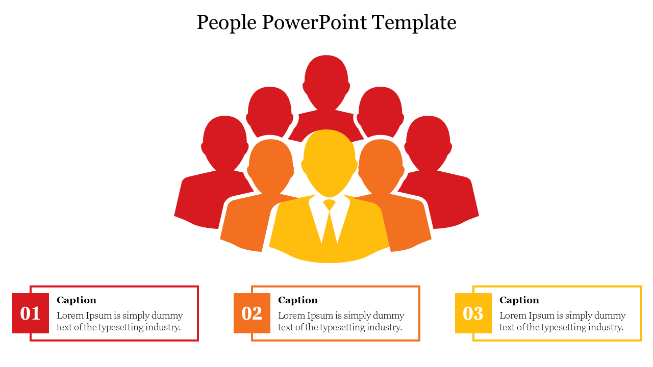 A people PowerPoint template featuring a group of figures with one person in the center in a suit and tie with captions.