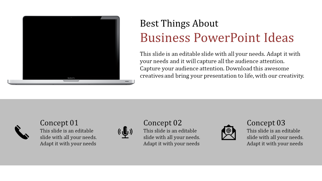 Business PowerPoint ideas slide featuring a laptop and three concepts highlighted with icons and placeholder text.