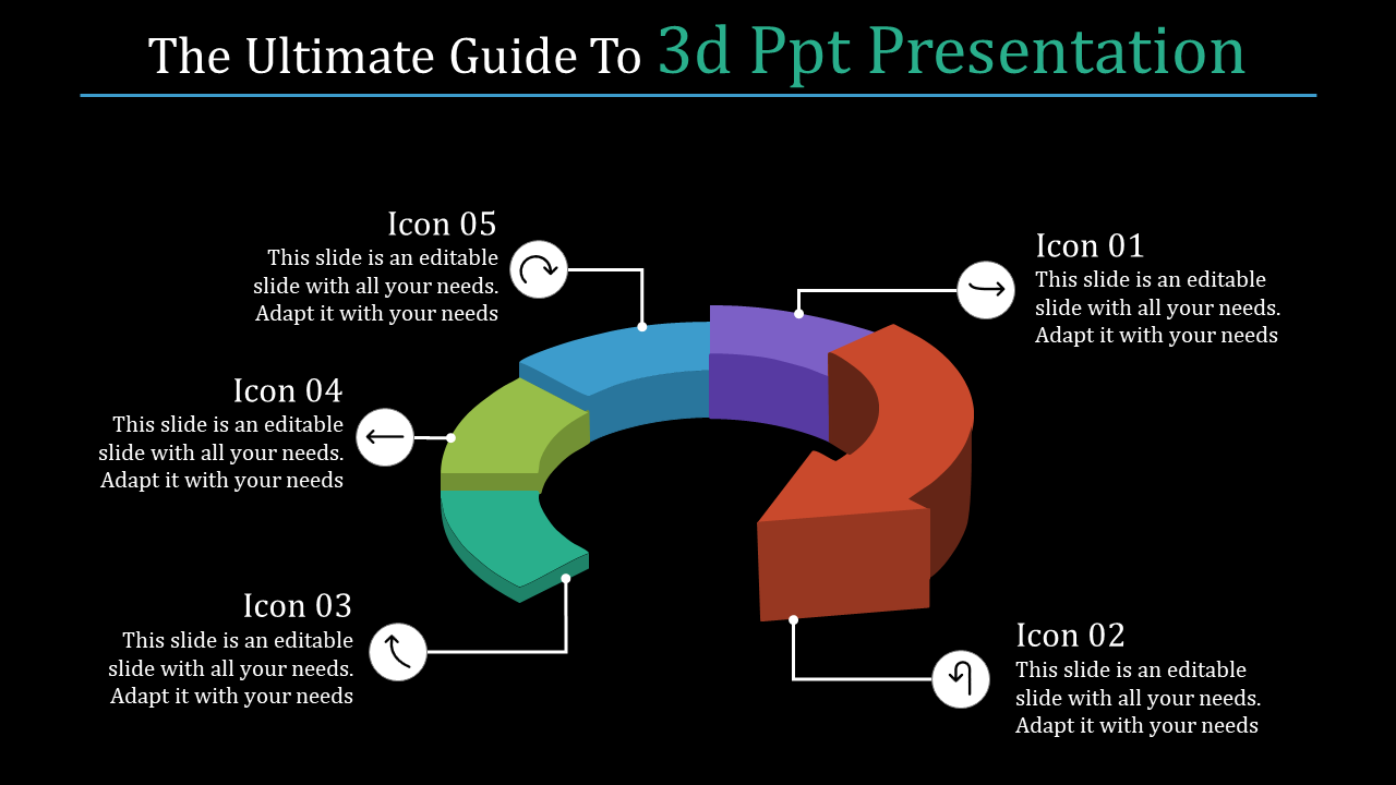 PowerPoint presentation slide featuring a colorful semi circular 3D diagram with five labeled icons and captions.