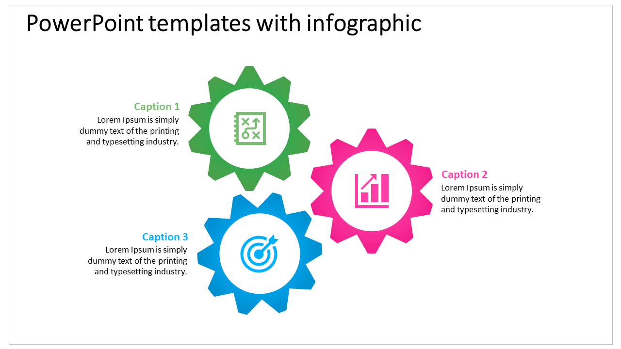 Three colorful gear shapes in green, pink, and blue, each containing icons and captions, on a white background.