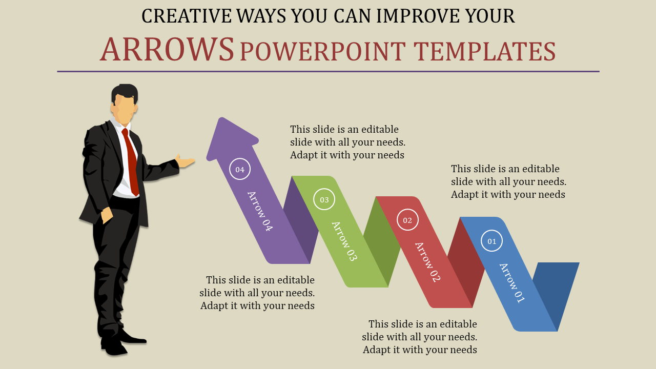 Creative PowerPoint slide with arrows in four colors and a business figure with placeholder text.