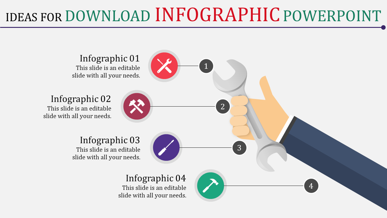 Infographic PowerPoint template with four sections, each featuring a tool icon and text area.