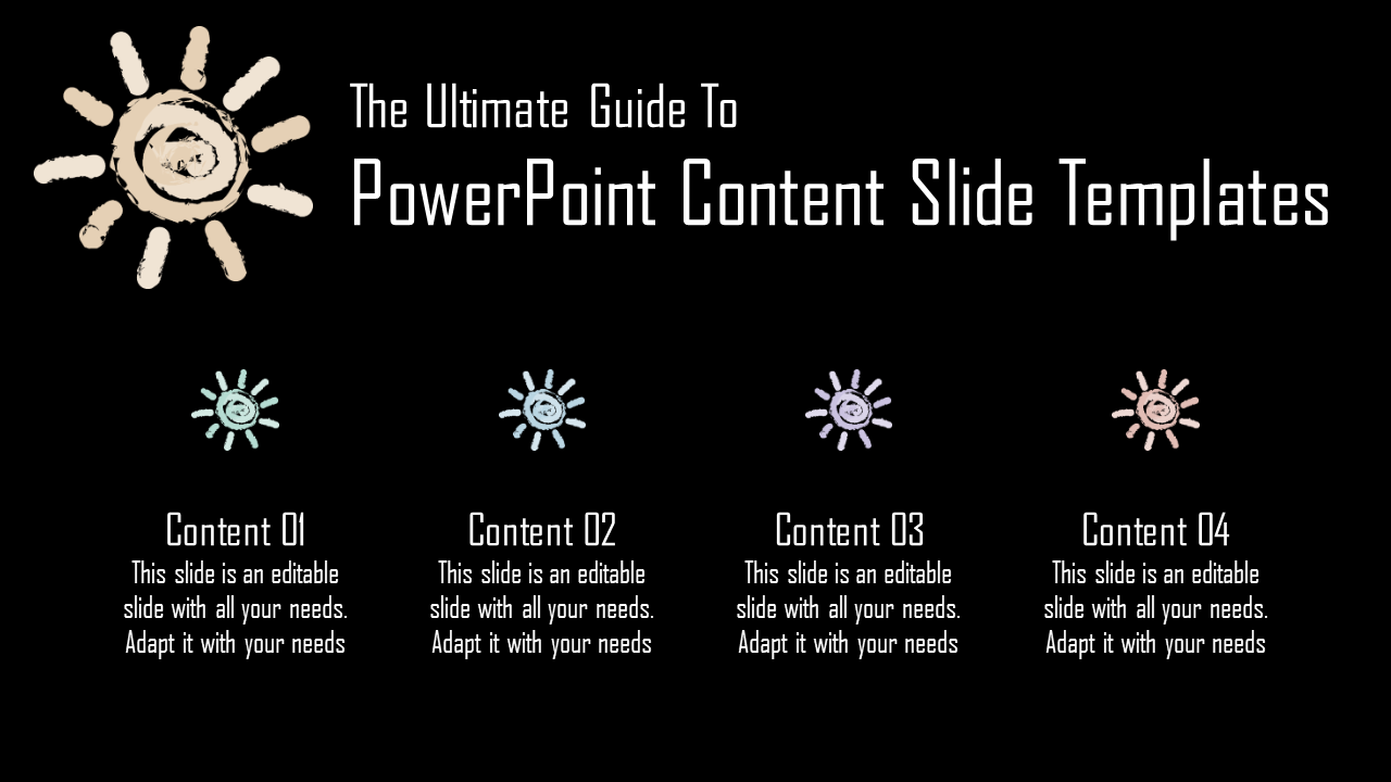 Content PPT slide with four sections, each featuring sun icons and captions on a dark backdrop.