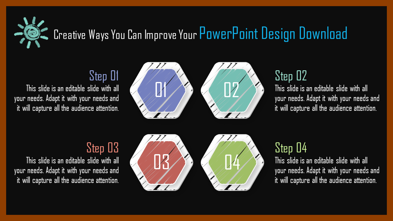 A PowerPoint design slide showing a step by step guide to improving presentations with colorful icons for each step.