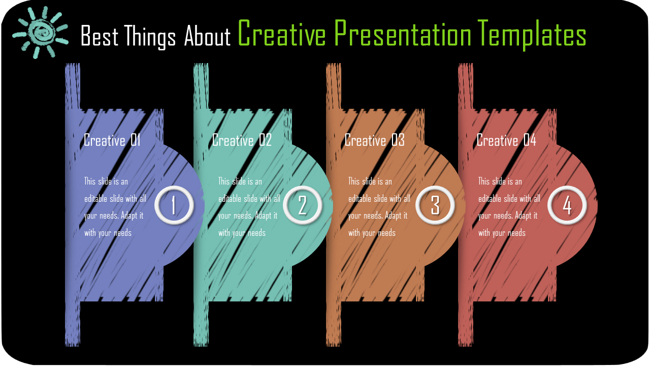 A creative PowerPoint slide featuring four colorful vertical sections with text and numbered placeholders.