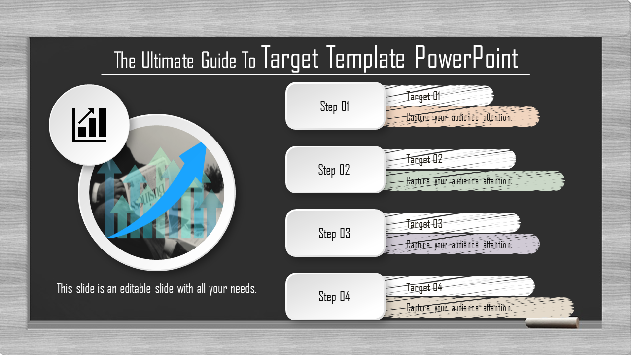 Blackboard style PowerPoint template with four steps and target descriptions.