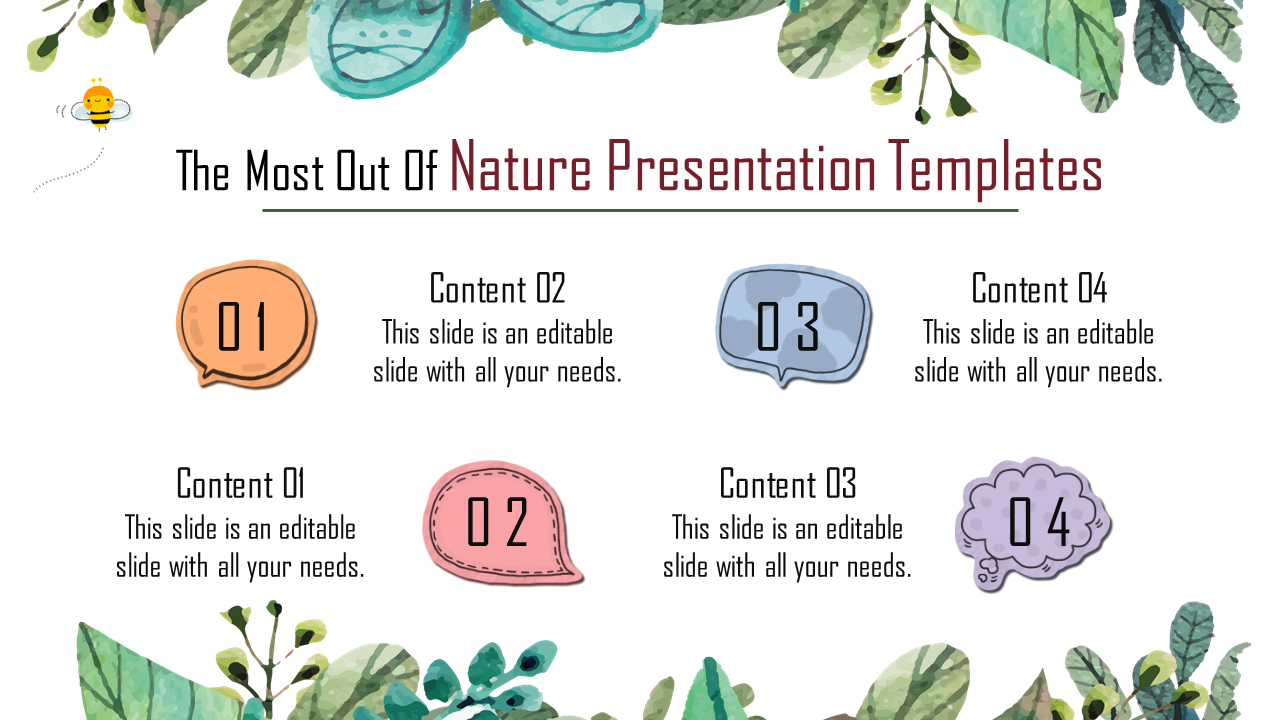 Nature themed PowerPoint template featuring colorful numbered speech bubbles and decorative leaf illustrations.