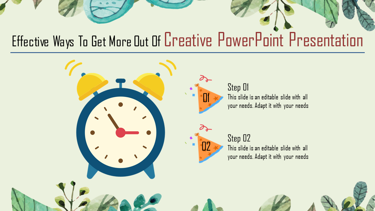 Creative PowerPoint slide featuring an alarm clock, party hat, and colorful decorations with placeholder text.