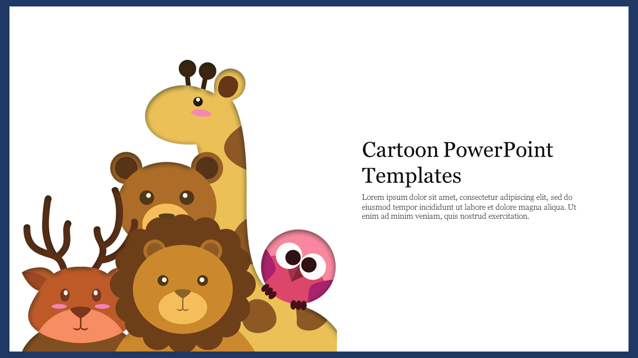 Cartoon slide featuring a playful arrangement of cartoon animals, including a giraffe, bear, lion, deer, and owl.