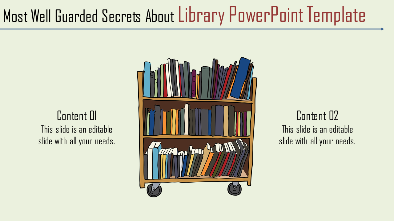 Library themed slide featuring a book trolley filled with colorful books, along with placeholders for content.