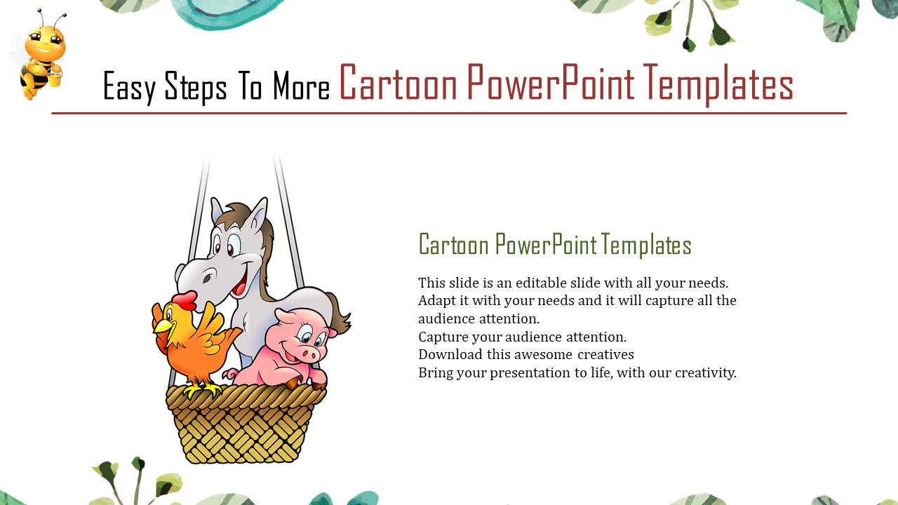 Cartoon PowerPoint slide with a cheerful farm animal illustration, featuring a horse, pig, and chicken in a hanging basket.