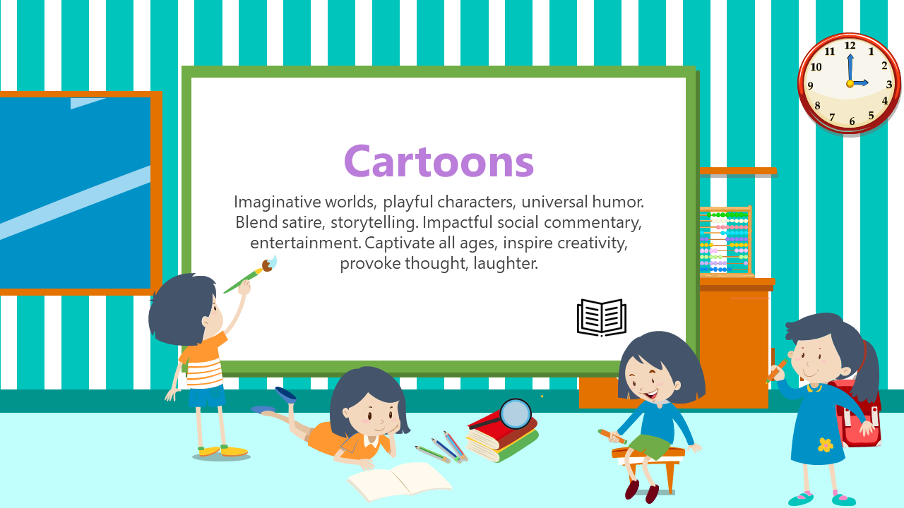 Cartoon PowerPoint slide featuring children drawing and reading in a colorful classroom with a large board displaying text.