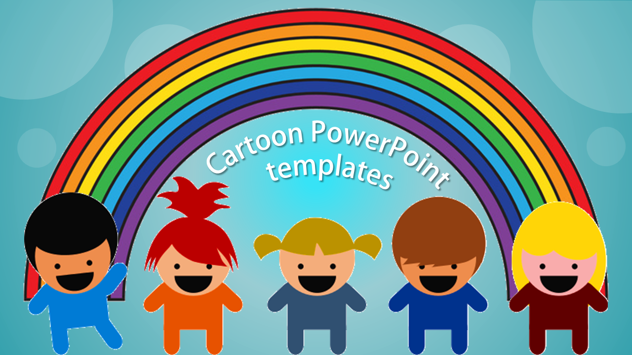 Cartoon slide featuring five smiling children under a bright rainbow on a blue background.