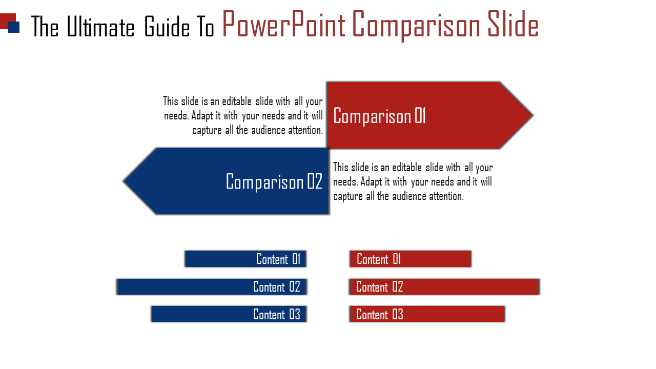 Blue and red comparison layout with horizontal arrows, with corresponding content bars underneath.