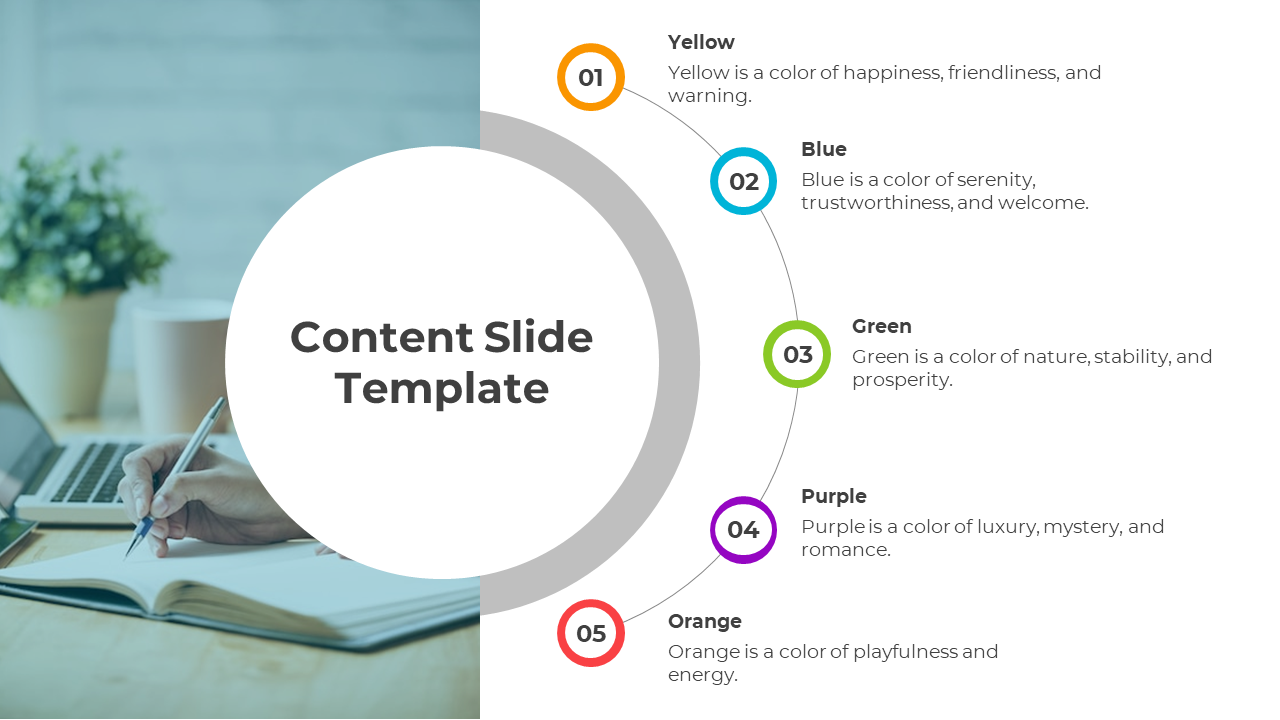 A content PPT slide showing colorful icons with descriptions about the meanings of different colors.