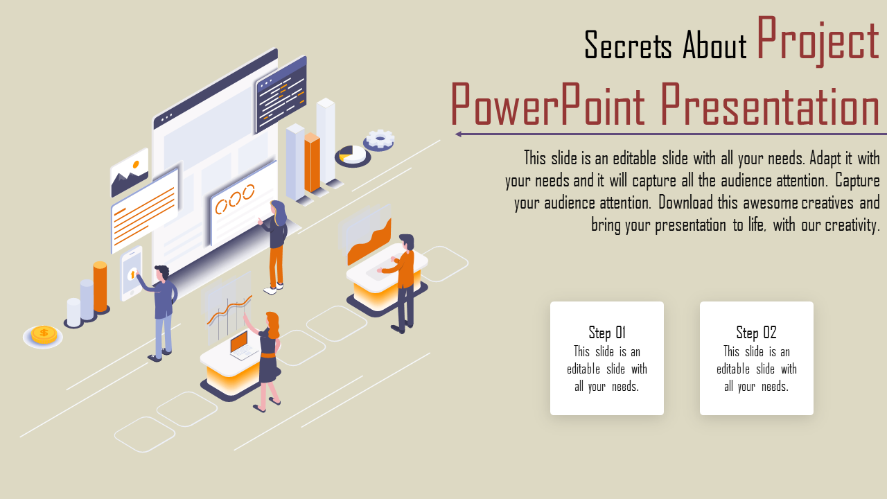 Isometric project PowerPoint template with charts, graphs, and characters interacting with digital tools.