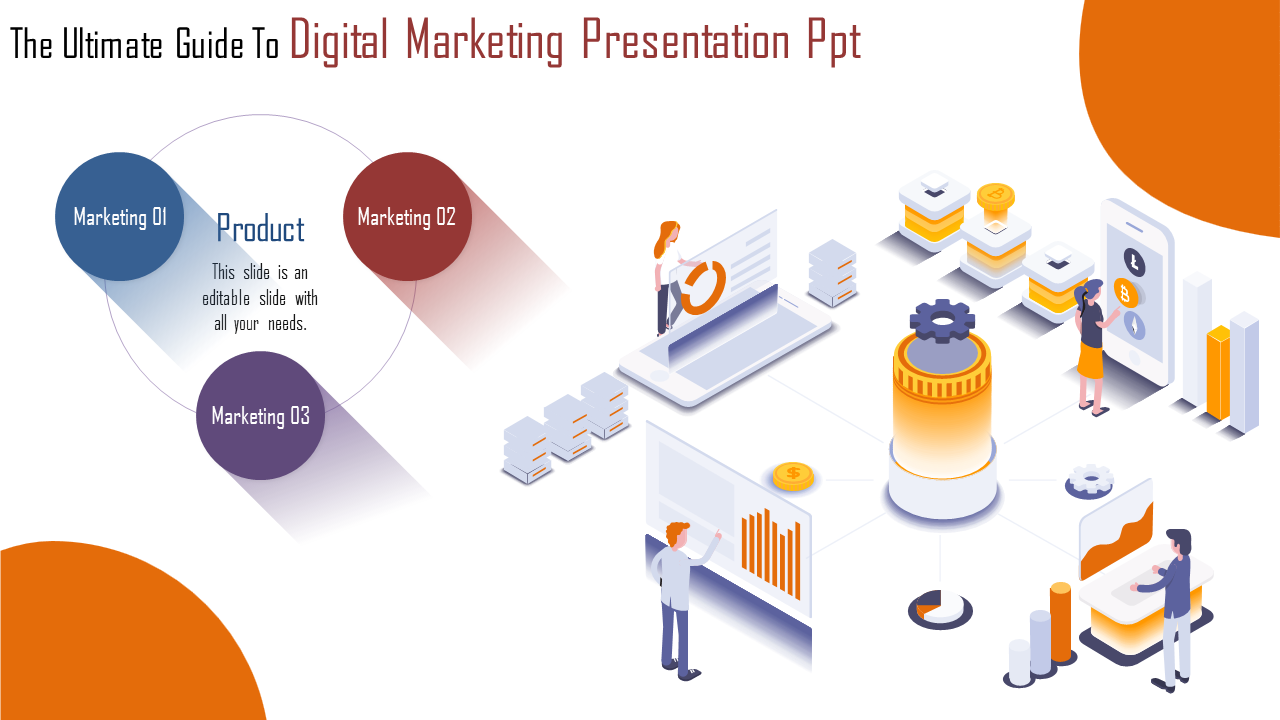 Digital marketing PowerPoint template with diagrams showing marketing strategies, analytics, and interactive visuals.