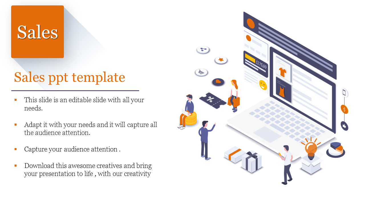 Sales PowerPoint template featuring an illustration of a laptop with an online shopping interface and icons related to sales.