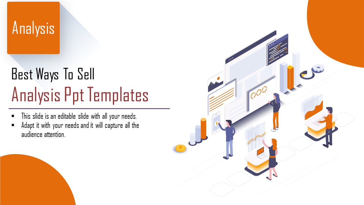 Analysis template showing an isometric workspace with figures examining charts and dashboards.