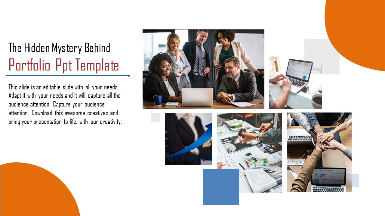 Professional portfolio PowerPoint template with images of a team meeting, hands working together, and business documents.