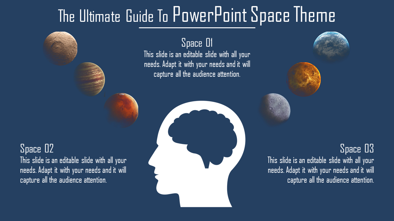 Space themed PowerPoint slide featuring planets, a silhouette of a head with a brain illustration, and text areas.