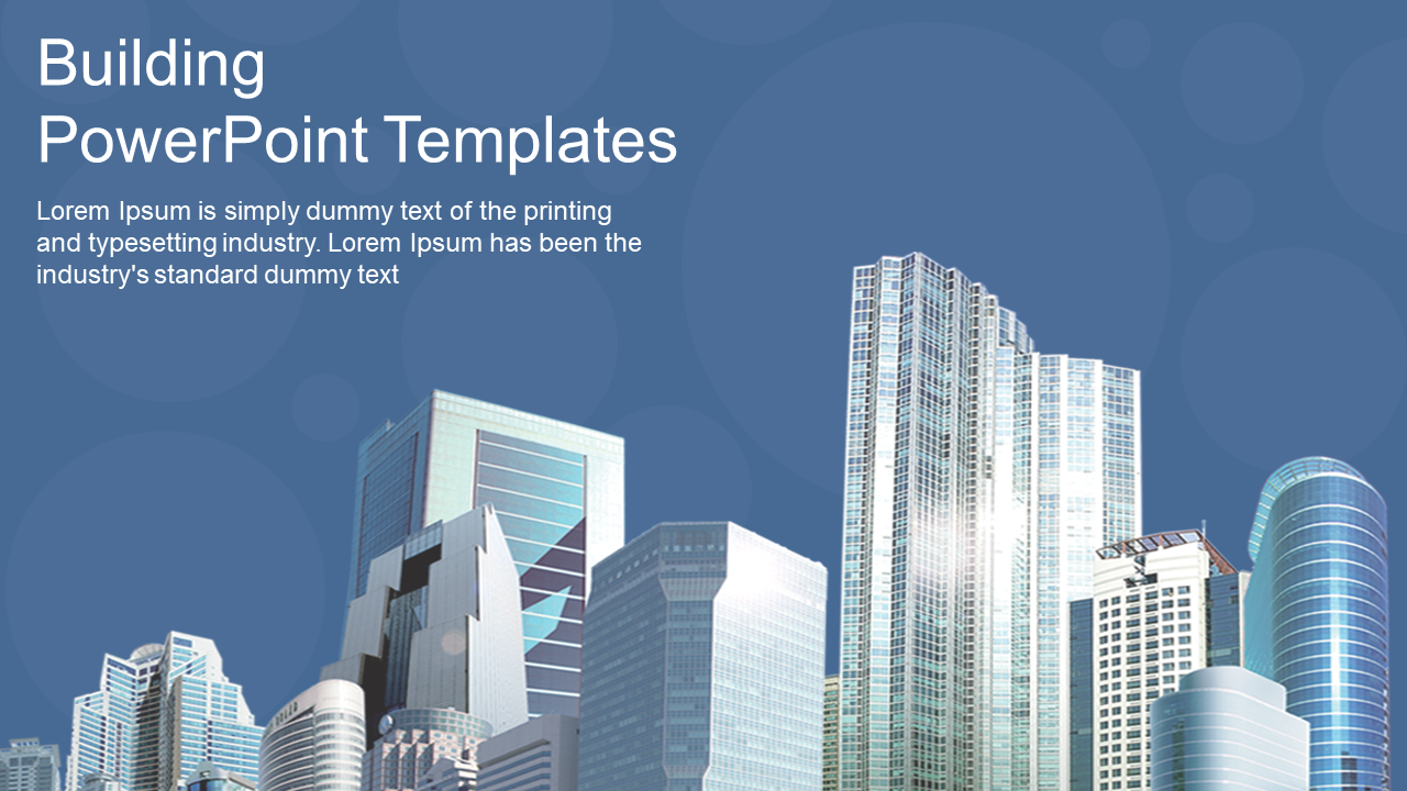 A slide featuring modern skyscrapers with a blue gradient background and placeholder text on the left side.