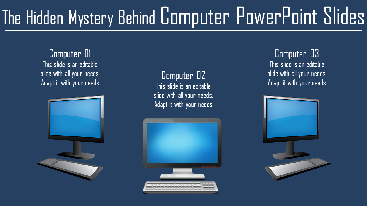 Three computer illustrations with monitors and keyboards arranged in a row on a dark blue background.