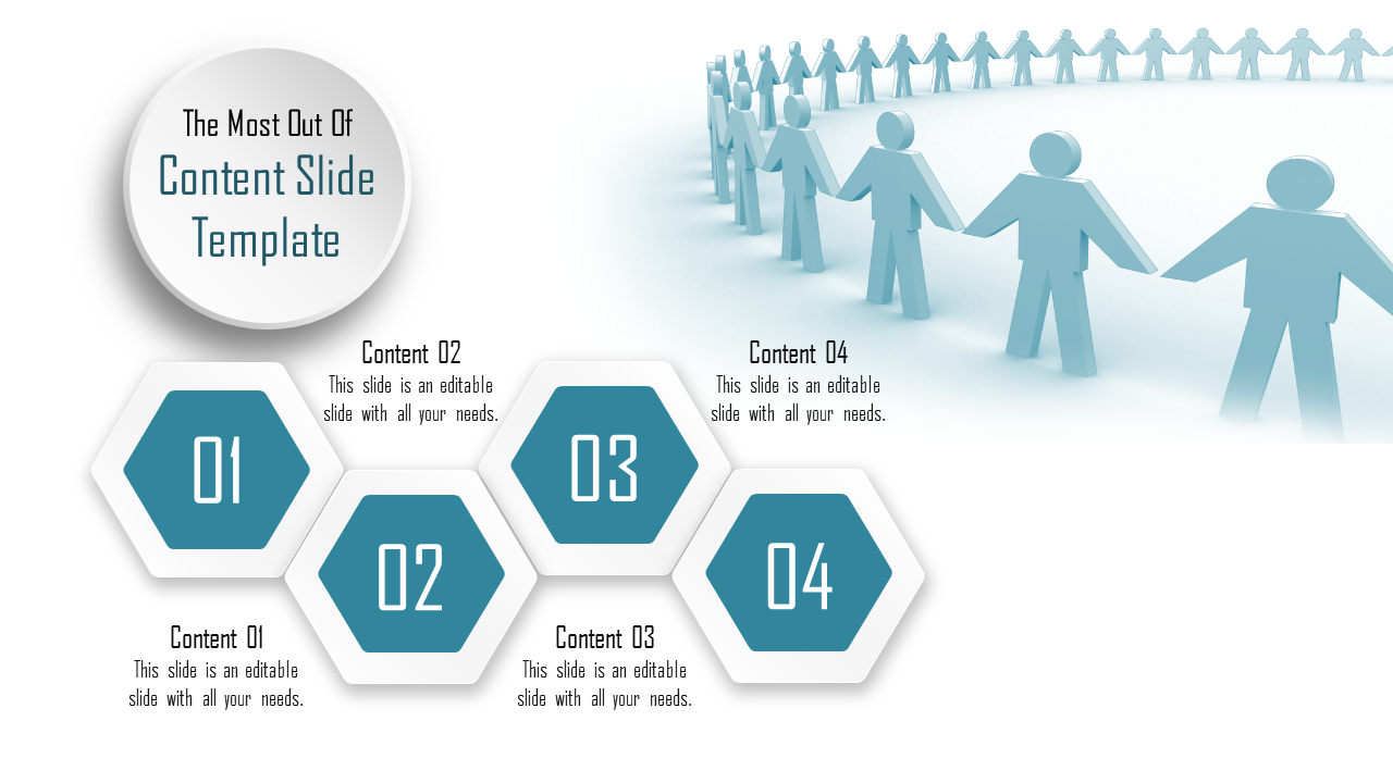 Content PPT slide with hexagonal numbered sections and a 3D human chain graphic in the background.