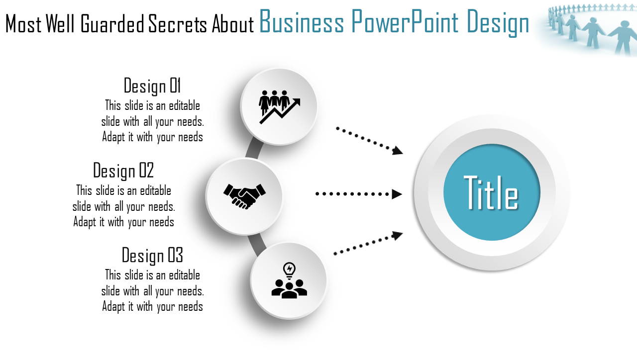 Business PPT design slide with three icons representing teamwork, handshake, and brainstorming, leading to a central title.