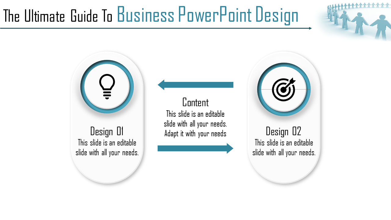 Business slide with two rounded rectangles, featuring blue accents and icons connected by arrows on a white background.