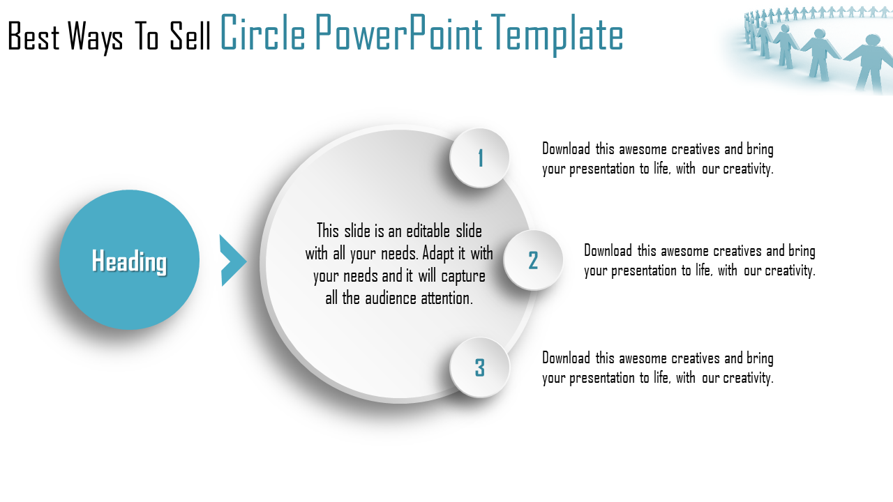 Blue circular element with a label, leading to a larger circle with three numbered sections in a white layout.